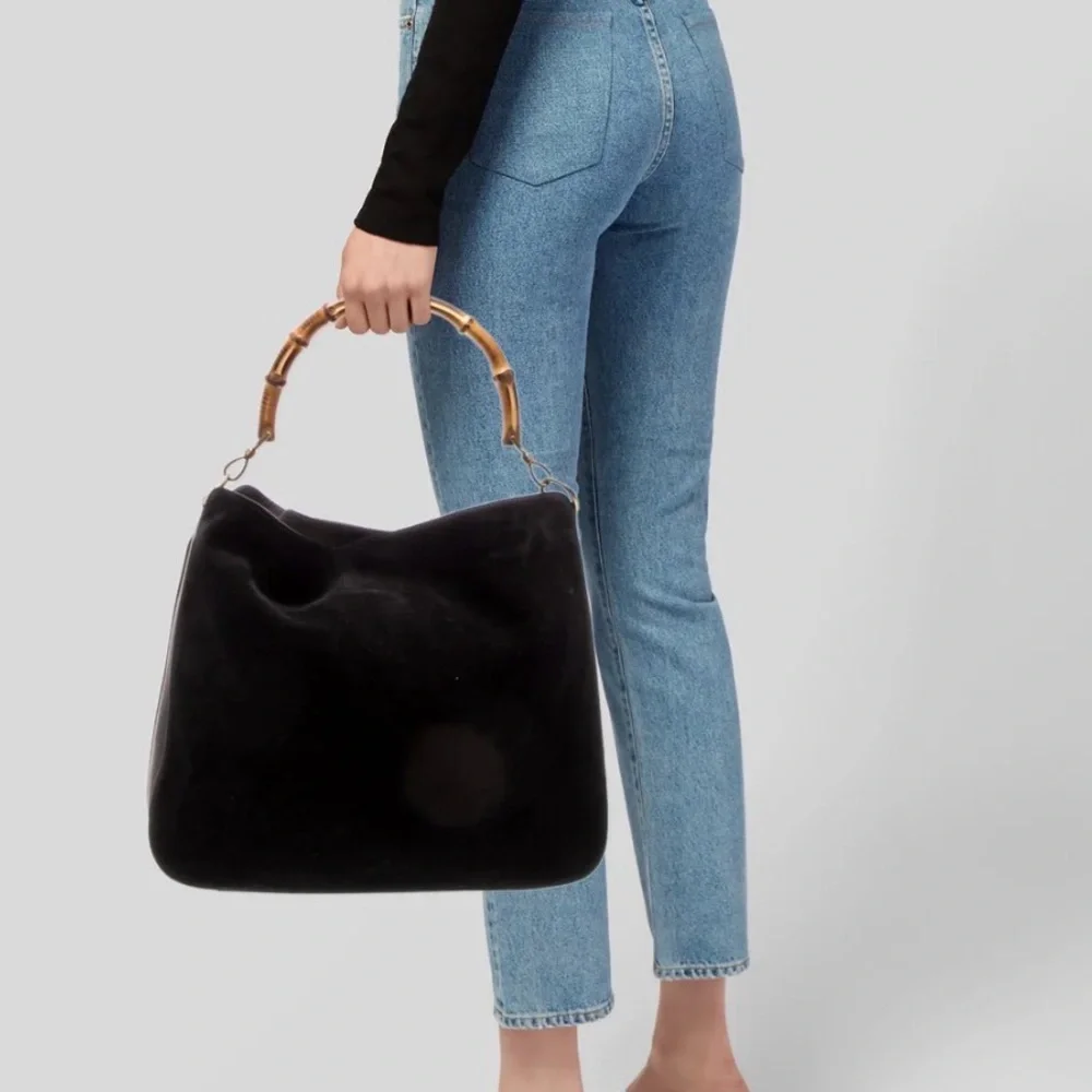 GUCCI Suede Slouchy Bohemian Lady Mob Wives Natural Bamboo Wood Handle Hobo Bag - Picture 4 of 8